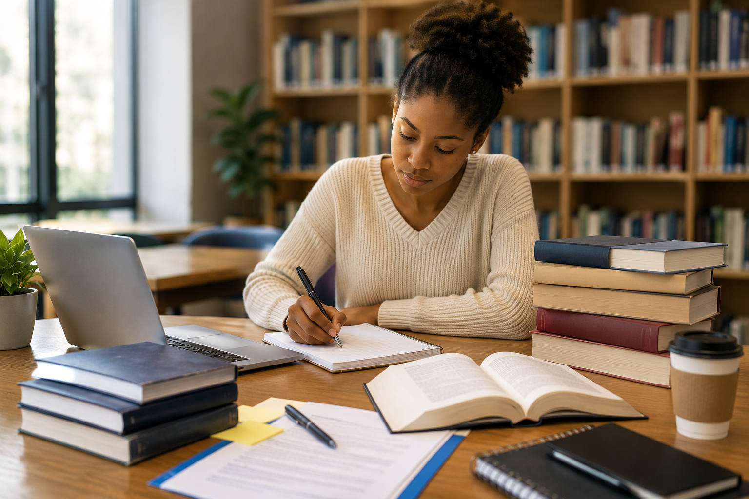 Étudiante qui structure un mémoire de master dans une bibliothèque universitaire avec ordinateur portable et ouvrages de recherche.